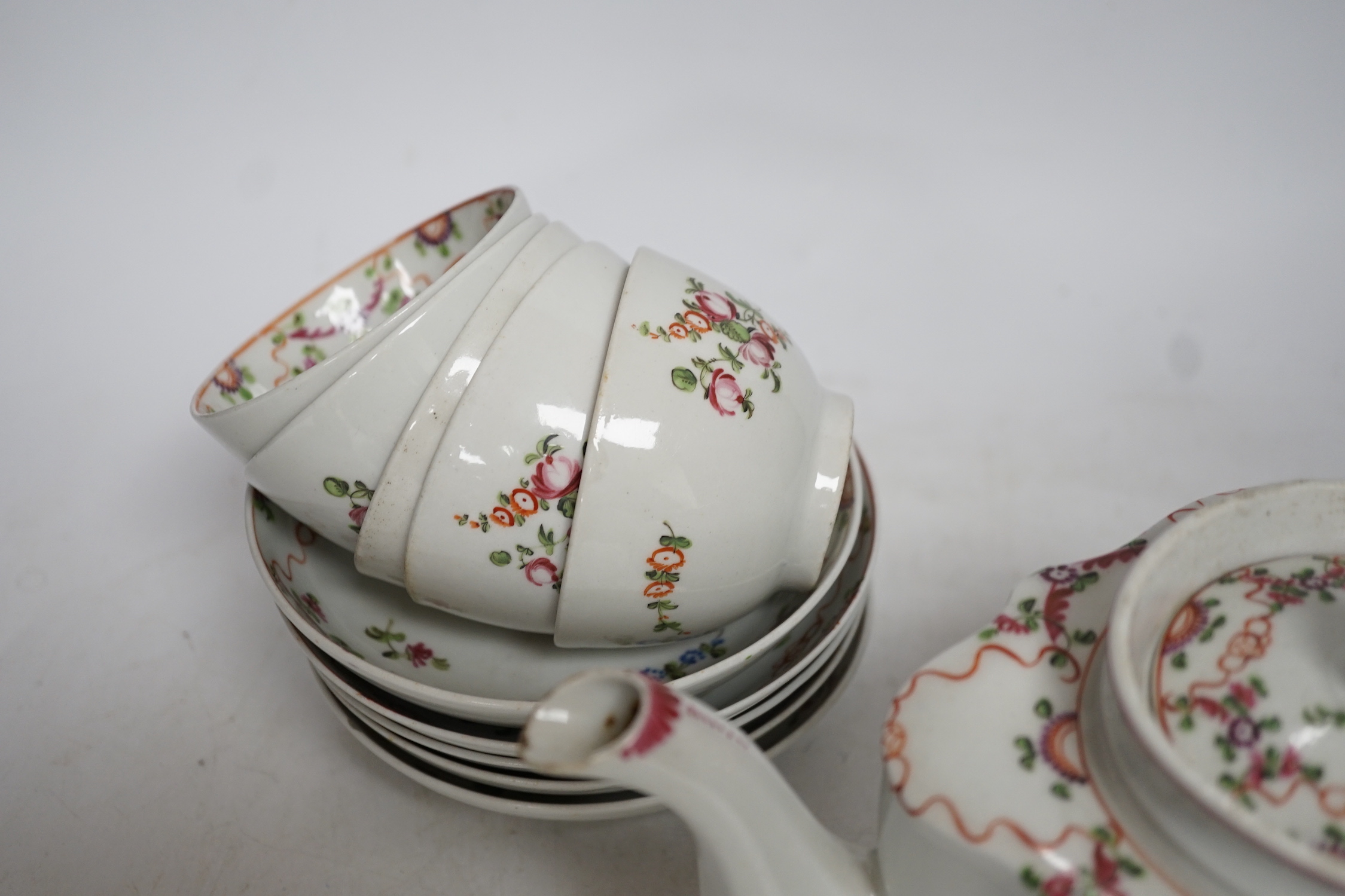 A thirteen piece New Hall porcelain part tea set, ‘knitting wool’ pattern number 195